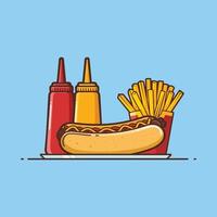 illustrazione di veloce cibo, caldo cane e francese patatine fritte con salsa, cartone animato vettore illustrazione