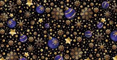 felice anno nuovo e buon natale biglietto di auguri, banner per le vacanze, poster web. sfondo scuro con brillanti fiocchi di neve dorati e palle di natale blu - vettore