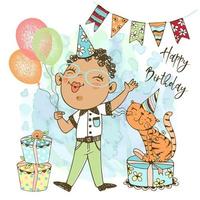 un' compleanno carta per il ragazzo. un' ragazzo nel un' festivo berretto con palloncini, e un' carino gatto celebra il suo compleanno. vettore. vettore