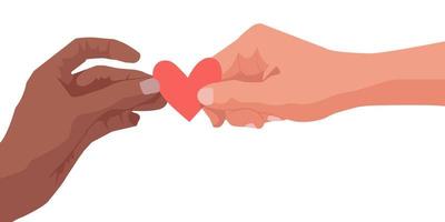 mani di multiculturale persone Tenere un' cuore. dare e Condividere amore con le persone, prendere cura amore. vettore illustrazione.