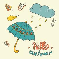 ciao, autunno. ombrello sotto il pioggia con un' nube. striscione, manifesto o design con spazio per testo.mano disegnato nel scarabocchio stile. isolato illustrazione. vettore