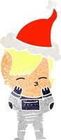 cartone animato retrò di una ragazza che indossa abiti futuristici che indossa il cappello di Babbo Natale vettore