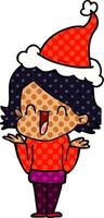 illustrazione in stile fumetto di una donna felice che indossa il cappello di Babbo Natale vettore