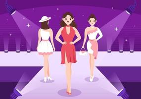 professionale modello modello mano disegnato cartone animato piatto illustrazione con bellissimo donne Modelli a piedi su podio nel moda settimana evento vettore