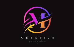 creativo lettera m logo con viola arancia colori e cerchio swoosh tagliare design vettore