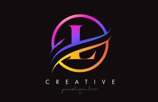 creativo lettera l logo con viola arancia colori e cerchio swoosh tagliare design vettore