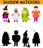 carino bambini nel Halloween costume ombra accoppiamento attività per bambini. semplice educativo gioco per bambini con le foglie. trova il corretta silhouette stampabile foglio di lavoro. vettore cartone animato illustrazione.