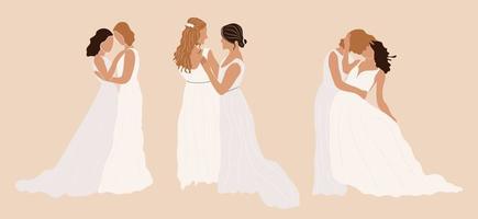 impostato di lesbica e gay sposini coppie vettore piatto illustrazione. collezione di carino lgbt nozze cerimonie isolato su bianca.