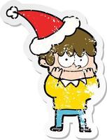 felice cartone animato adesivo angosciato di un uomo che indossa il cappello di Babbo Natale vettore