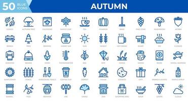 impostato di 50 autunno icone nel linea blu stile. foglie, frutti di bosco, maglione. schema icone collezione. vettore illustrazione