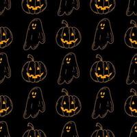 Halloween senza soluzione di continuità modello con scarabocchio fantasma e zucca nel neon colori su nero sfondo. vettore illustrazione per ragnatela e tessile disegno, involucro carta, carta, Stampa