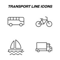monocromatico isolato simboli disegnato con nero magro linea. Perfetto per I negozi, negozi, annunci. vettore icona impostato con segni di autobus, bicicletta, navigare, nave, camion, furgone