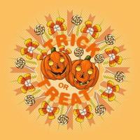 il giro Halloween illustrazione con caramella, dolci, mezzitoni forma, zucca teste stilizzato come sorridente lentigginoso bambini viso. leggero emblema con testo trucco o trattare. maglietta disegno, superficie decorazione vettore