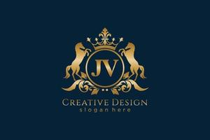 iniziale jv retrò d'oro cresta con cerchio e Due cavalli, distintivo modello con pergamene e reale corona - Perfetto per lussuoso il branding progetti vettore