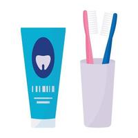 spazzolini da denti nel bicchiere e dentifricio tubo vettore