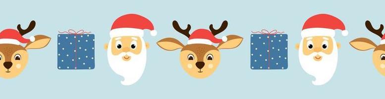 senza soluzione di continuità confine di regalo scatole, carino Santa Claus e cervo testa su blu sfondo. modello per Natale design. vettore