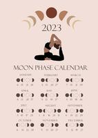 Luna fasi calendario 2023 con un' ragazza fare yoga. calante gibboso, ceretta mezzaluna, nuovo Luna, pieno Luna con date. vettore