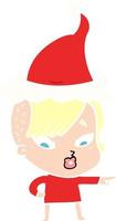 piatto colore illustrazione di un' sorpreso ragazza puntamento indossare Santa cappello vettore