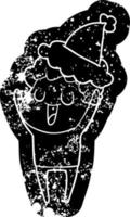 icona angosciata del fumetto che ride di un uomo che indossa il cappello di Babbo Natale vettore