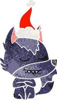 amichevole retrò cartone animato di un' lupo seduta indossare Santa cappello vettore