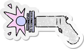 afflitto etichetta di un' strambo mano disegnato cartone animato raggio pistola vettore