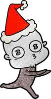 strutturato cartone animato di un' strano Calvo astronauta in esecuzione indossare Santa cappello vettore