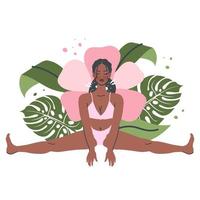 bellissimo yoga donna isolato su natura sfondo. giovane nero ragazza nel yoga posa si allunga. meditazione e respirazione la pratica. vettore piatto cartone animato illustrazione per salutare stile di vita, sport