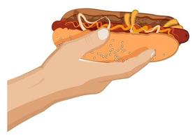 americano caldo cane con salsiccia, mostarda e ketchup nel un' mans mano. veloce cibo. cartone animato vettore su bianca sfondo