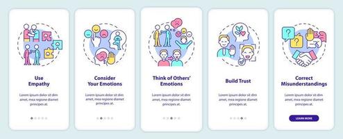 sviluppando emotivo consapevolezza onboarding mobile App schermo. uso empatia Procedura dettagliata 5 passaggi grafico Istruzioni pagine con lineare concetti. ui, ux, gui modello. vettore
