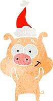 felice retrò cartone animato di un maiale che indossa il cappello di Babbo Natale vettore