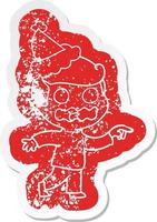 cartone animato afflitto etichetta di un' stressato su puntamento indossare Santa cappello vettore