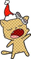 comico libro stile illustrazione di un' cantando gatto indossare Santa cappello vettore