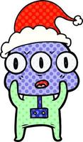 illustrazione in stile fumetto di un alieno con tre occhi che indossa un cappello da Babbo Natale vettore