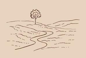 paesaggio rurale con strada e albero. illustrazione disegnata a mano convertita in vettore. vettore