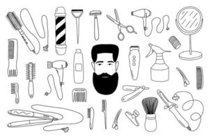 insieme di elementi del negozio di barbiere di vettore di doodle isolato. adesivi per parrucchiere e parrucchiere disegnati a mano su sfondo bianco.