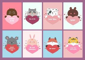 impostato di San Valentino giorno carte con animali e cuori. vettore grafica.