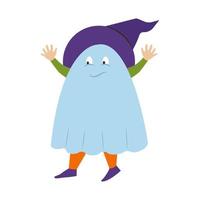 un' bambino nel un' fantasma costume per Halloween. un' bambino nel un' carnevale costume. vettore illustrazione nel piatto stile