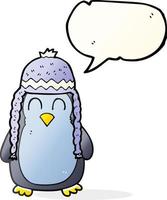 a mano libera disegnato discorso bolla cartone animato pinguino indossare cappello vettore