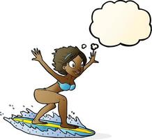 cartone animato surfer ragazza con pensato bolla vettore