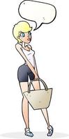 cartone animato attraente donna shopping con discorso bolla vettore