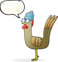 a mano libera disegnato discorso bolla cartone animato pollo indossare spettacoli e cappello vettore