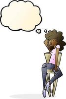 cartone animato donna in posa su sedia con pensato bolla vettore