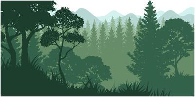 silhouette di natura paesaggio. montagne, foresta nel sfondo. blu e verde illustrazione. vettore