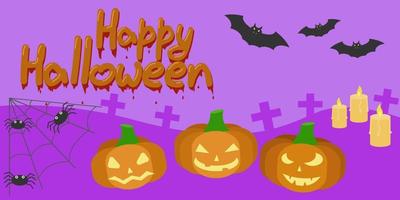 Halloween, striscione. un invito per un' festa. zucche, ragnatele, pipistrelli, candele, tombe. cartone animato vettore illustrazione.