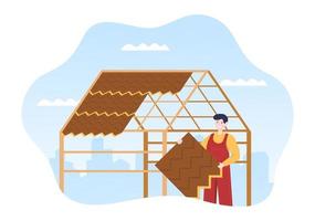 coperture costruzione lavoratori modello mano disegnato cartone animato piatto illustrazione con housetop ristrutturazione, fissaggio tetto piastrella Casa e tetto ricostruzione vettore
