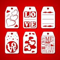 raccolta di tag regalo di San Valentino felice. set di etichette vacanze disegnate a mano in bianco e rosso. design distintivo romantico vettore