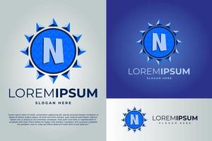 lettera n e sole con onde logo design vettore illustrazione modello. distintivo logo. sole logo design modello. distintivo logo