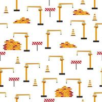 carino infantile senza soluzione di continuità modello con giallo auto cumulo di rifiuti camion, gru, calcestruzzo miscelatore. costruzione luogo illustrazione nel cartone animato stile vettore