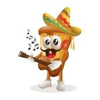 carino Pizza portafortuna indossare messicano cappello con giocando chitarra vettore