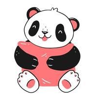 carino panda Stampa con cuscino. un' contento panda cucciolo abbracci un' cuscino. vettore isolato illustrazione nel lineare scarabocchio stile.